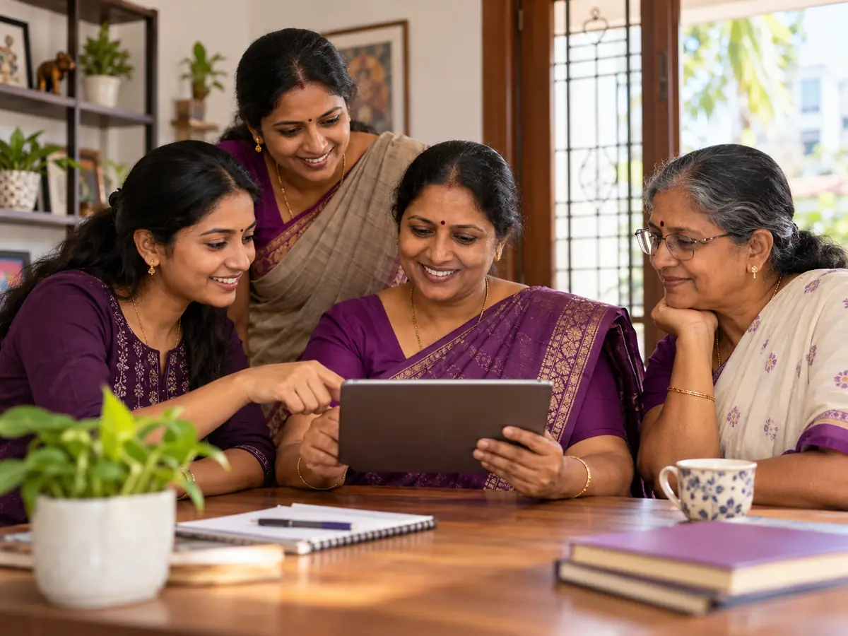 Four women reviewing a savings plan together on a tablet