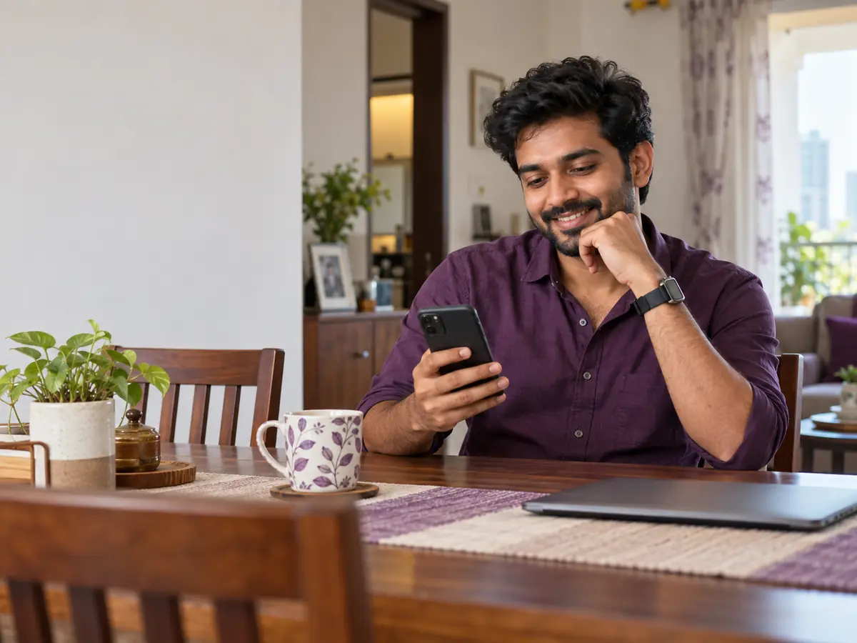 A young professional reviewing a loan on his phone at home