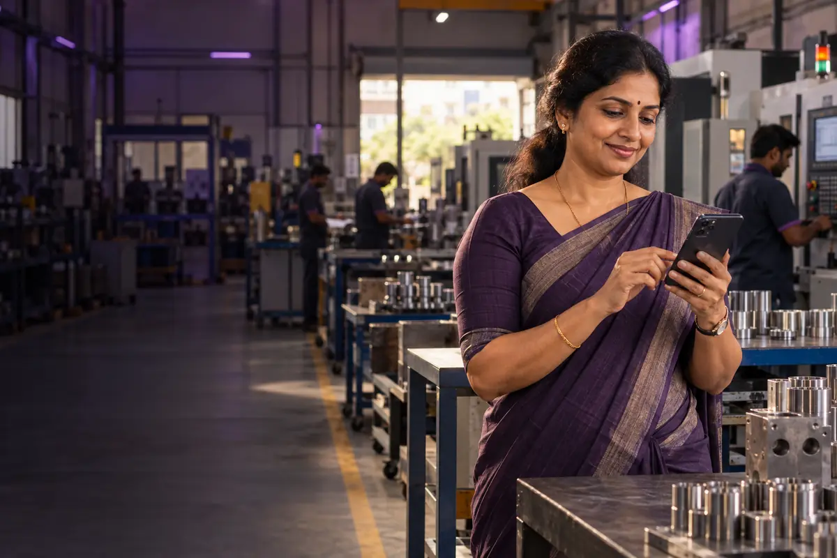 A factory owner checking her phone on the shop floor